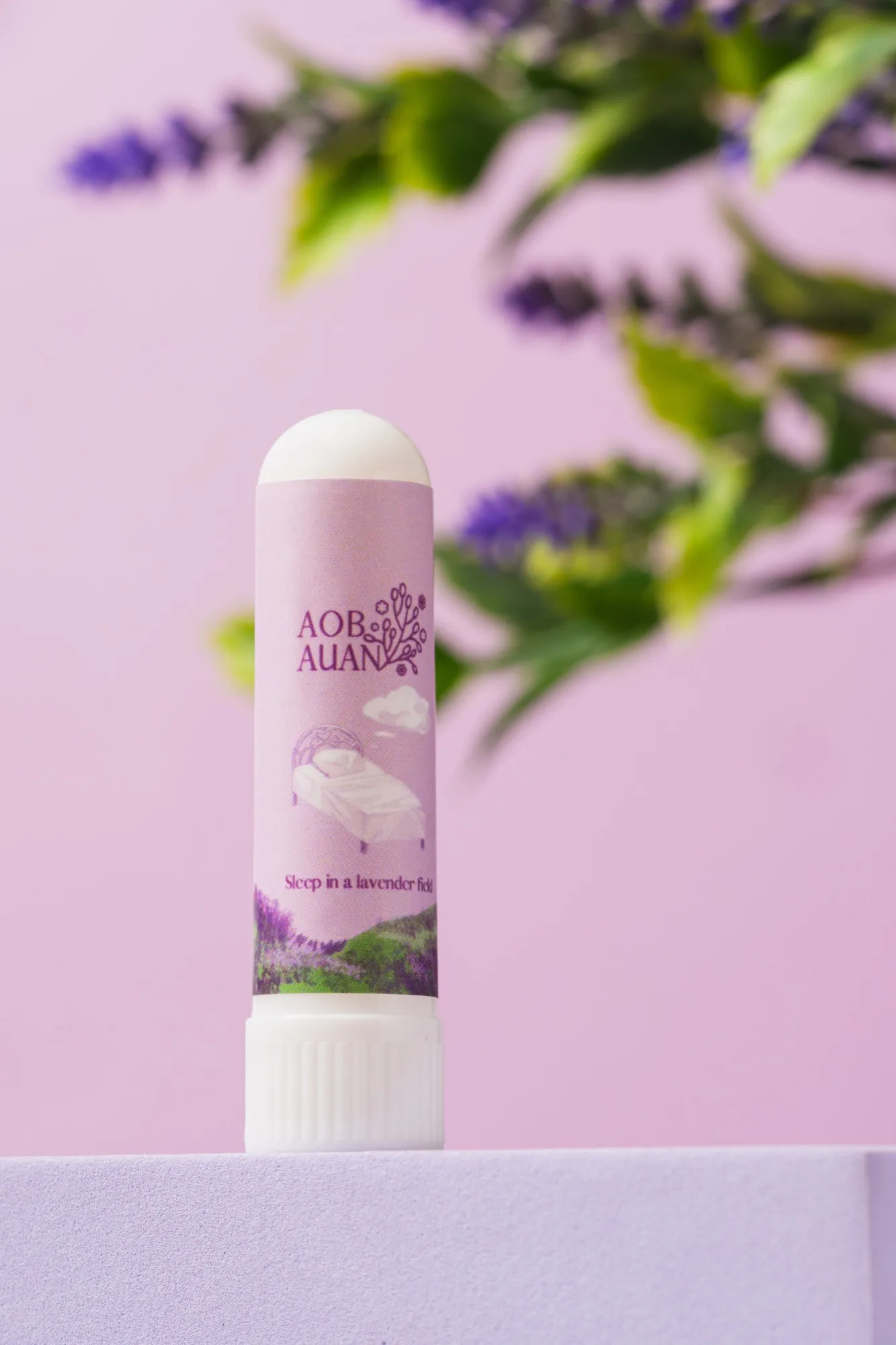 Sleep in a Lavender Field herbal inhaler by Aobauan Herb, with its illustrated label